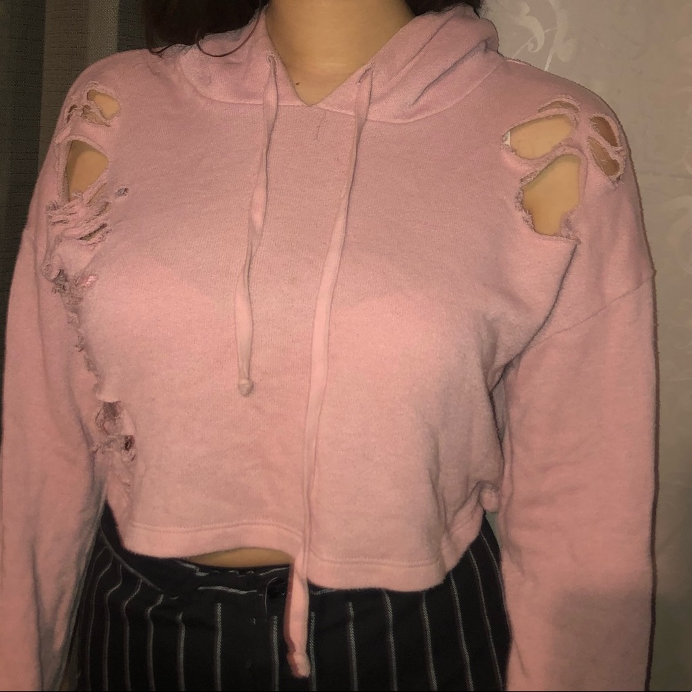 pink cropped sweater w holes